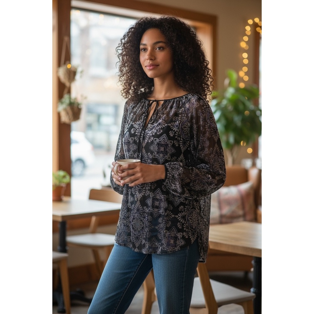 NYDJ Velvet Burnout Sheer‎ Black Floral Long Sleeve Tunic Top Size Small